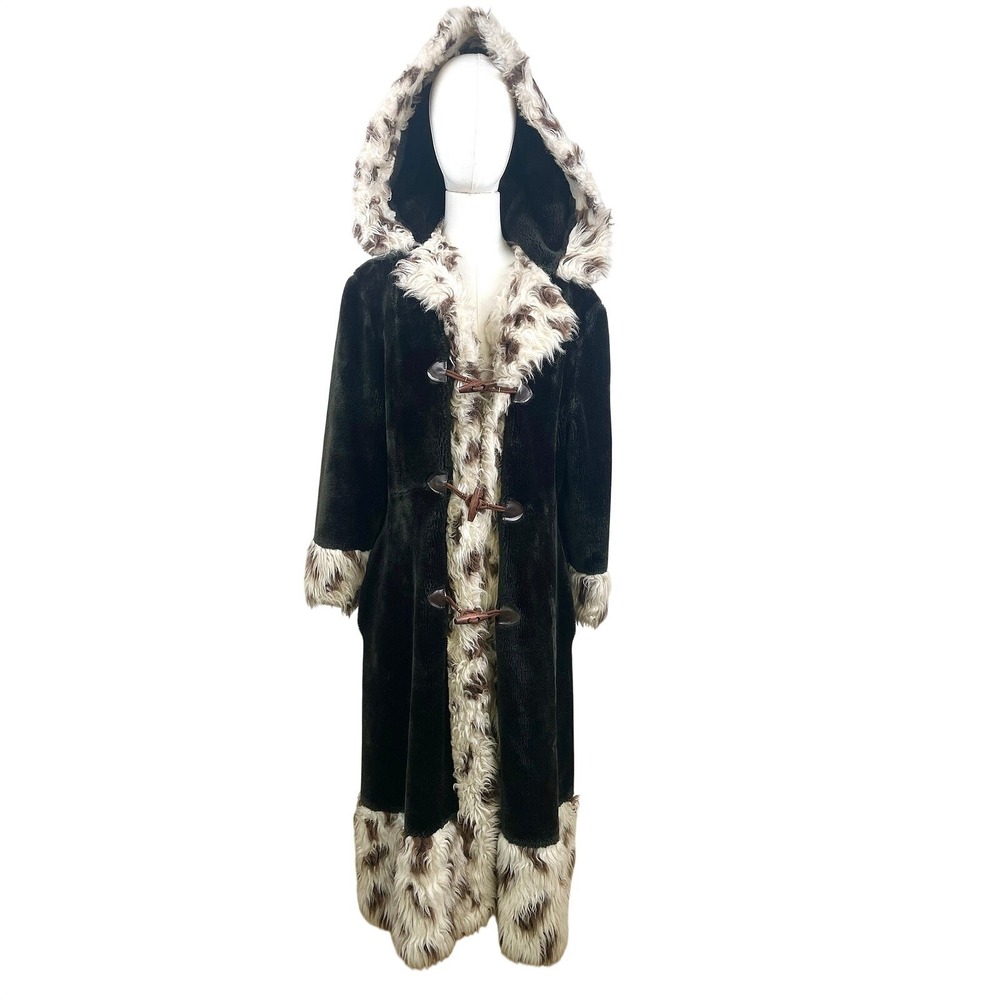 Vintage 70s Coat Sz M Penny Lane Boho Leopard Long Hooded Faux Fur Afghan Toggle